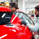 Auto detailing Cleveland TN in action with a professional cleaning a vibrant sports car.