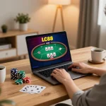 Engaging in online LC88 casino gameplay at a stylish home desk, showcasing interactive poker.