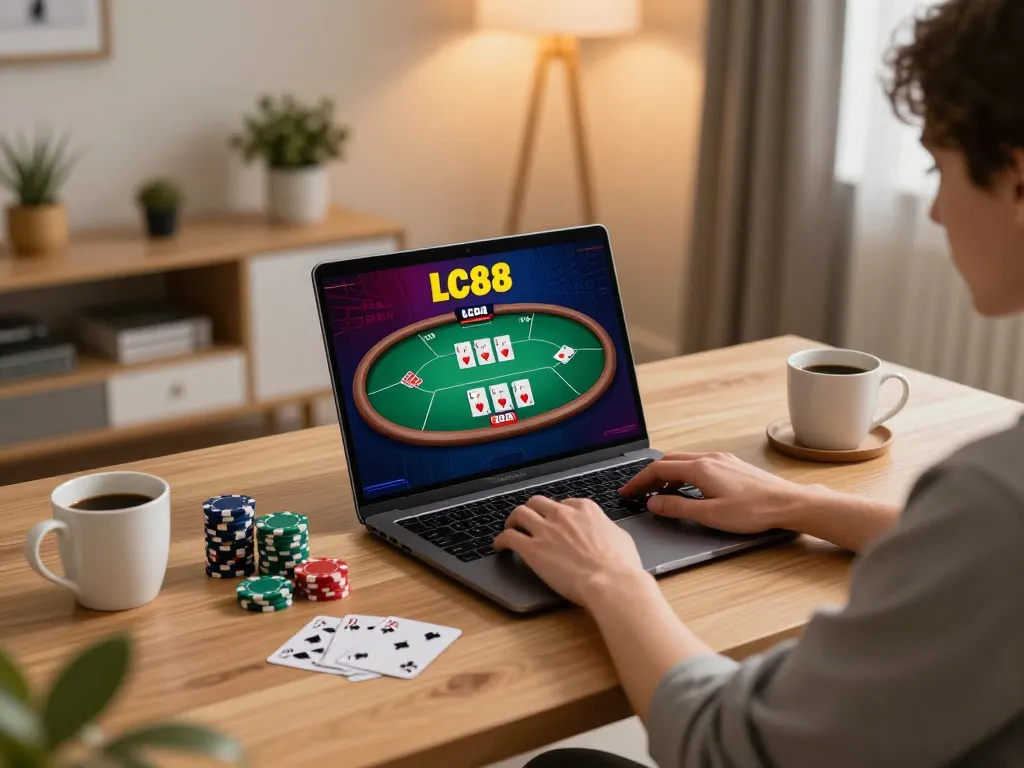 Engaging in online LC88 casino gameplay at a stylish home desk, showcasing interactive poker.