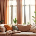 Dikke gordijnstof vouwt elegant over een raam in een gezellige woonkamer.