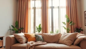 Dikke gordijnstof vouwt elegant over een raam in een gezellige woonkamer.