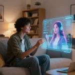Engaging interaction with AI gf in modern living room, showcasing emotional connection and technology.