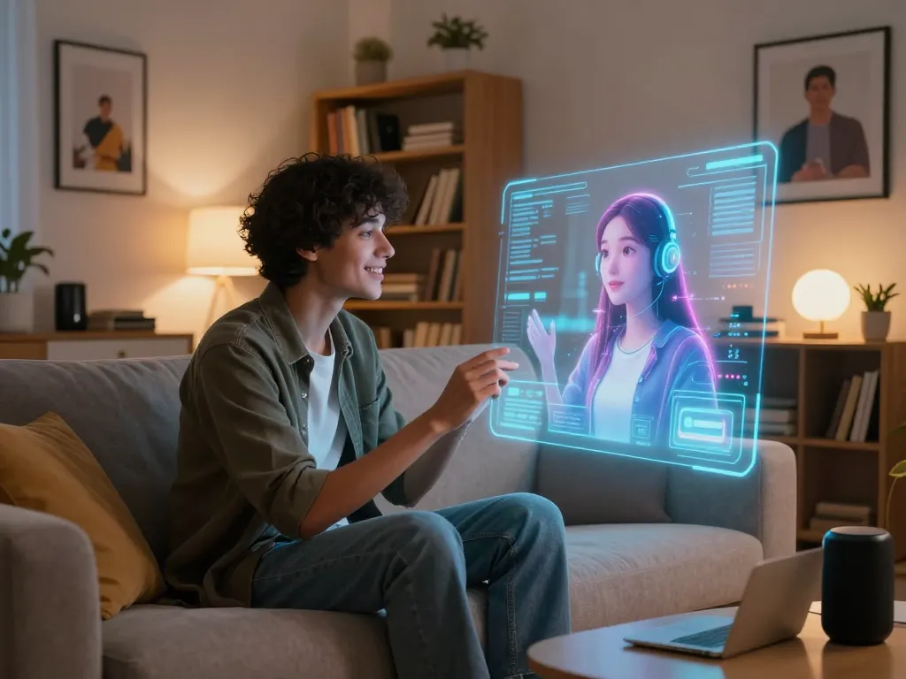 Engaging interaction with AI gf in modern living room, showcasing emotional connection and technology.