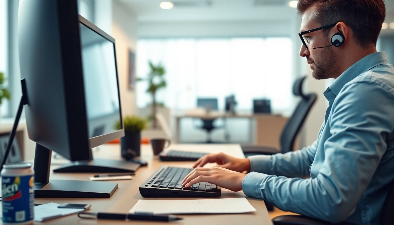 Typing Center workspace featuring a professional typing setup and a focused individual.