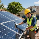 Technician examining solar panels to ensure résistance PID des panneaux solaires for optimal performance and reliability.