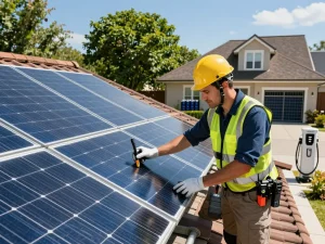 Technician examining solar panels to ensure résistance PID des panneaux solaires for optimal performance and reliability.