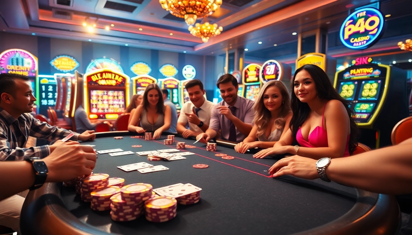 Exciting scene at pg88 casino with players enjoying poker and vibrant slot machines.