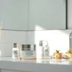 Revitalizing eye cream with peptides showcased in a serene bathroom setting.