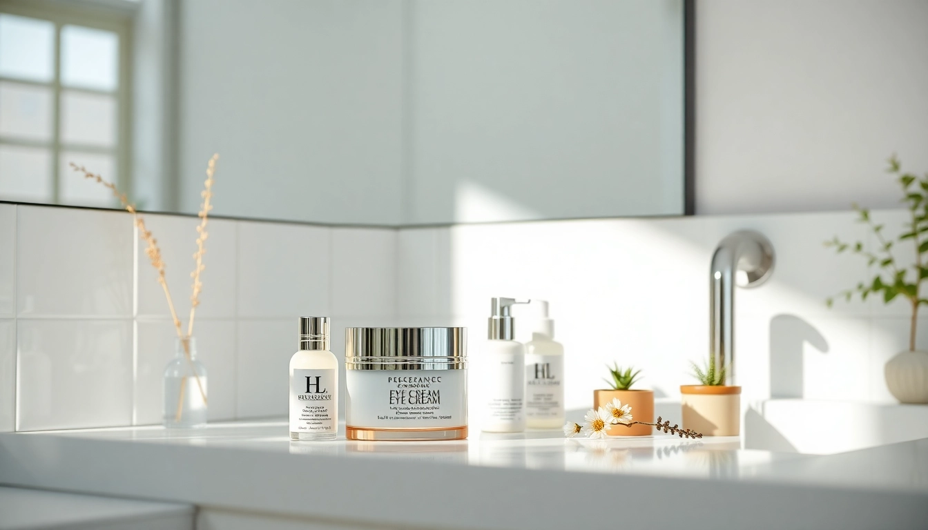 Revitalizing eye cream with peptides showcased in a serene bathroom setting.