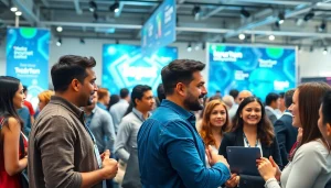 Engaged attendees collaborating at a startup innovation conference filled with technology-themed displays.