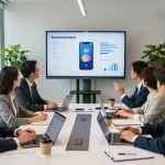 Collaborative meeting discussing analytics from an AI phone system in a modern office setting.