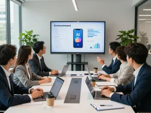 Collaborative meeting discussing analytics from an AI phone system in a modern office setting.