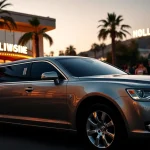Hollywood Town Car and Limousine parked outside a glamorous venue in Los Angeles.