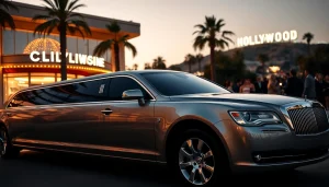 Hollywood Town Car and Limousine parked outside a glamorous venue in Los Angeles.