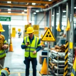 Workers managing physical hazards in a safety-focused workplace environment.
