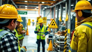Workers managing physical hazards in a safety-focused workplace environment.