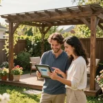 Couple using an online pergola configurator in a lush garden setting
