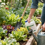 Aplicando fertilizante orgánico en un jardín vibrante para un crecimiento sostenible de las plantas.