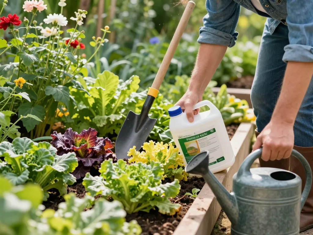 Aplicando fertilizante orgánico en un jardín vibrante para un crecimiento sostenible de las plantas.