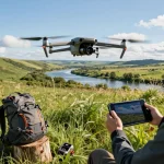 Drone pilot flying the Mavic 3E over a lush landscape, capturing stunning aerial imagery.
