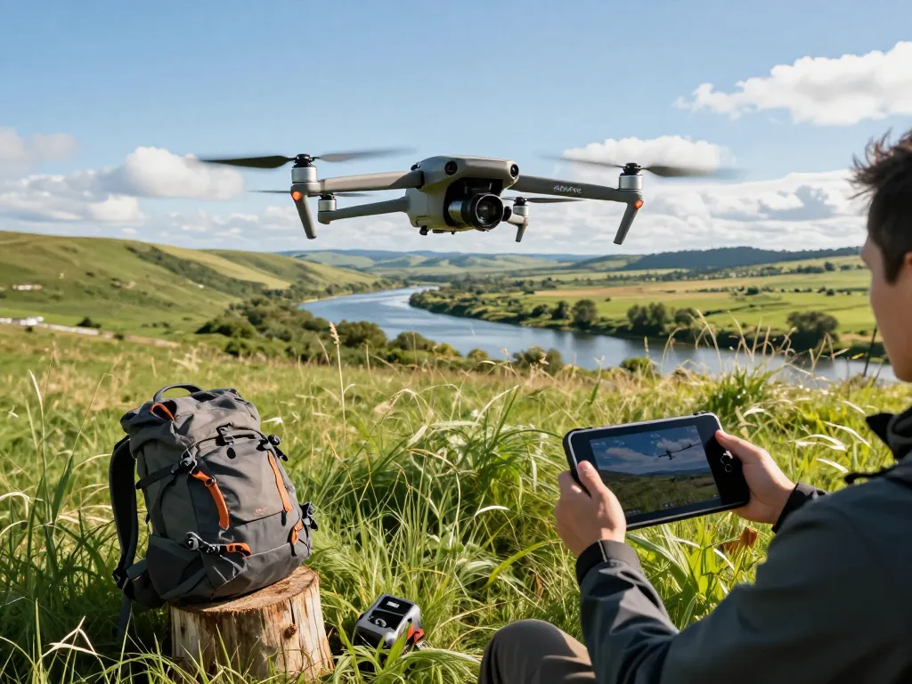 Drone pilot flying the Mavic 3E over a lush landscape, capturing stunning aerial imagery.