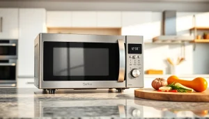 Showcase Microwave Oven Sales with a sleek stainless steel microwave in a modern kitchen setting.