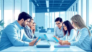 Engaging professionals discussing Registration and certification in Federal databases in a modern office environment.