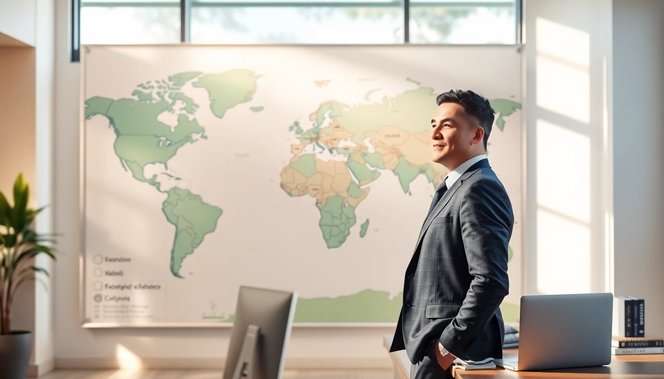 Exploring his ideal career options in a bright office environment while reviewing a map.