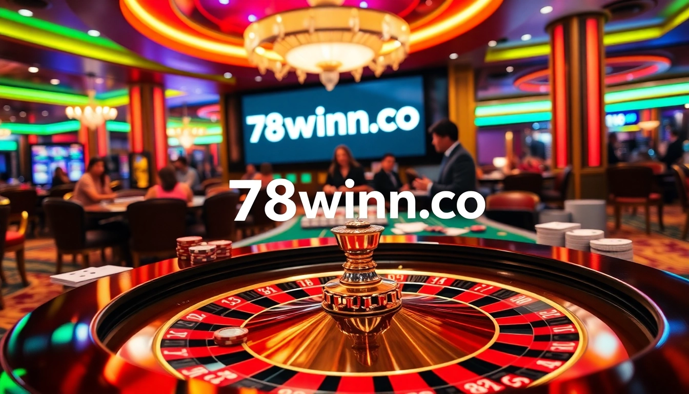 Exciting casino gameplay at 78winn.co featuring roulette, poker chips, and vibrant ambiance.