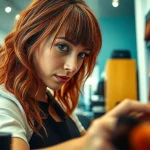 Expert stylist demonstrating coloração capilar with vibrant hair dyes in a bright salon.