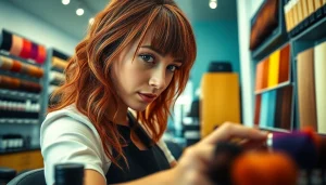 Expert stylist demonstrating coloração capilar with vibrant hair dyes in a bright salon.