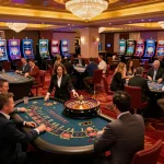 FC88 players strategizing bets at an upscale casino, vibrant atmosphere with roulette and blackjack