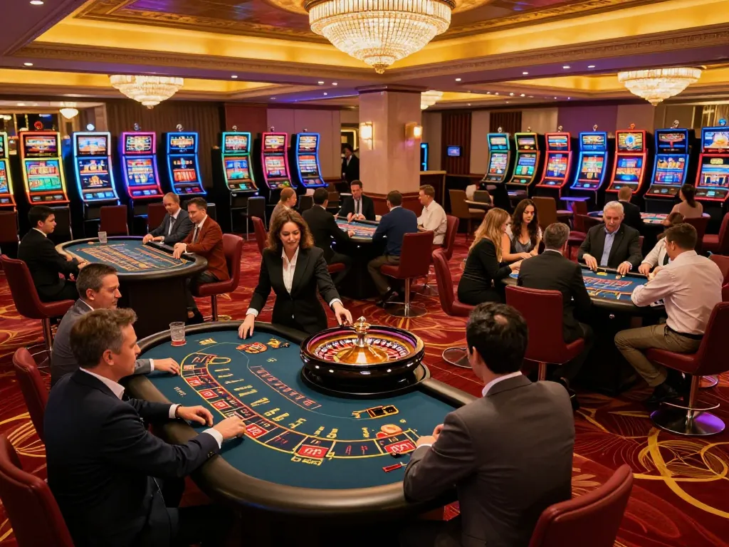 FC88 players strategizing bets at an upscale casino, vibrant atmosphere with roulette and blackjack