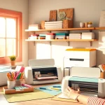 Cricut for beginners crafting workspace with colorful materials and a cheerful user.