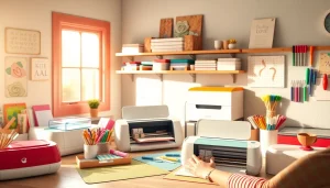 Cricut for beginners crafting workspace with colorful materials and a cheerful user.