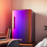 Showcasing a dorm room fridge in a stylish student workspace, blending functionality with aesthetic appeal.