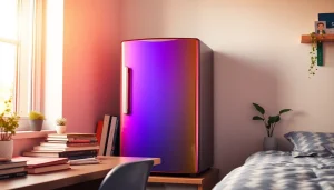 Showcasing a dorm room fridge in a stylish student workspace, blending functionality with aesthetic appeal.