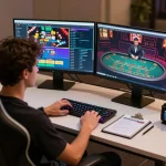 Go8 player analyzing strategies during an online casino session with dual monitors and live dealer.