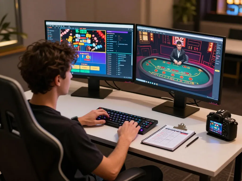 Go8 player analyzing strategies during an online casino session with dual monitors and live dealer.