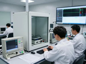 CE marking compliance testing in a high-tech EMC lab with technicians conducting tests.