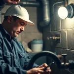 Emergency plumbing help for sewer backup in NYC basement with a professional plumber diagnosing the issue.