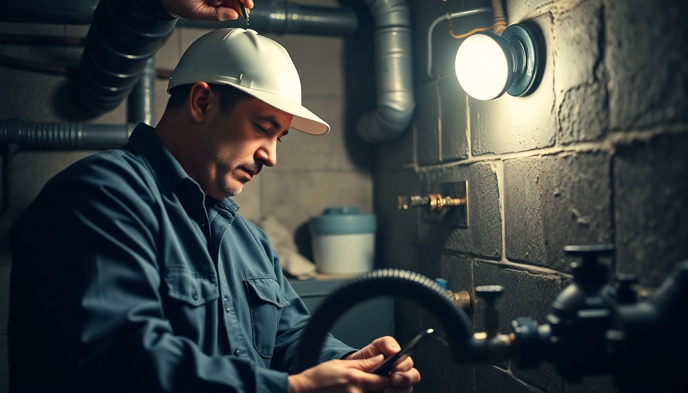 Emergency plumbing help for sewer backup in NYC basement with a professional plumber diagnosing the issue.