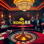 KONG88 casino scene with players excitedly betting at elegantly designed tables and roulette.