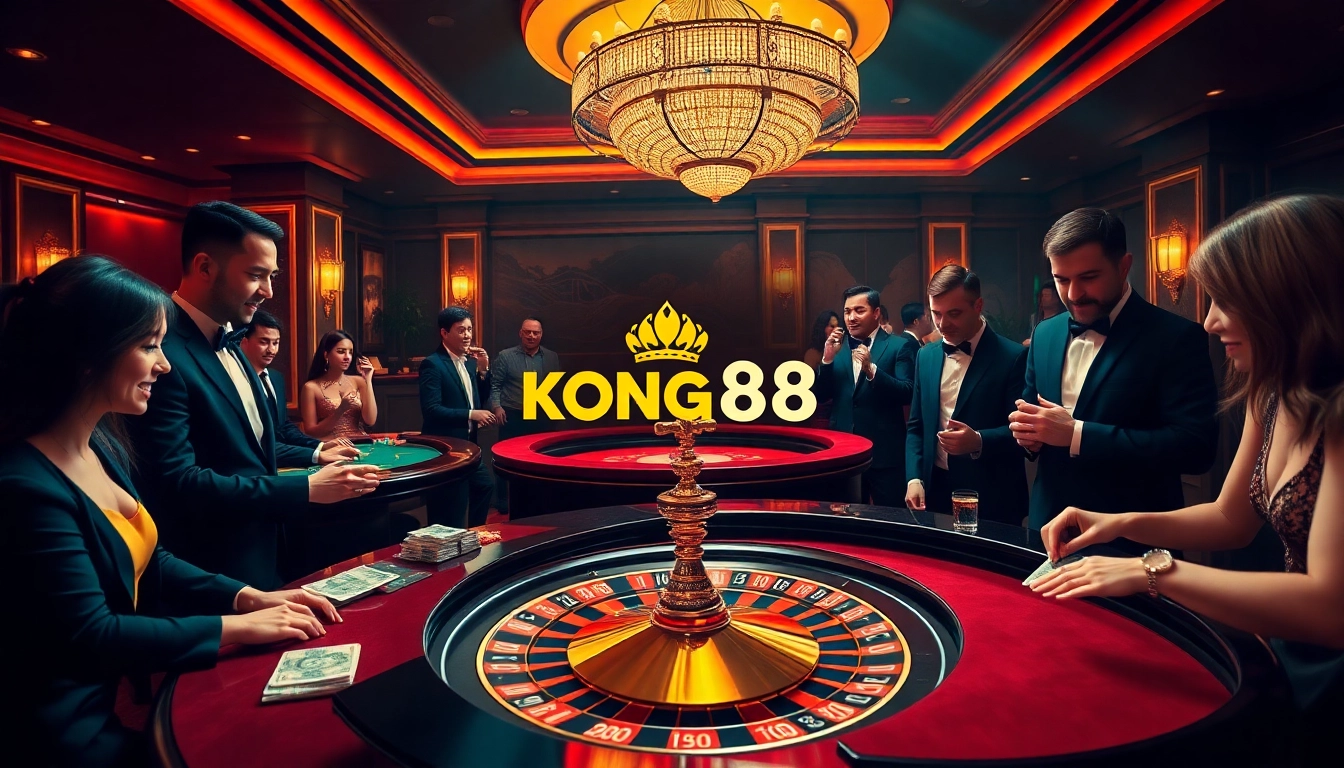 KONG88 casino scene with players excitedly betting at elegantly designed tables and roulette.