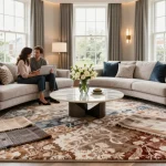 Luxury carpets London being selected in a stylish living room, showcasing textures and elegant decor.