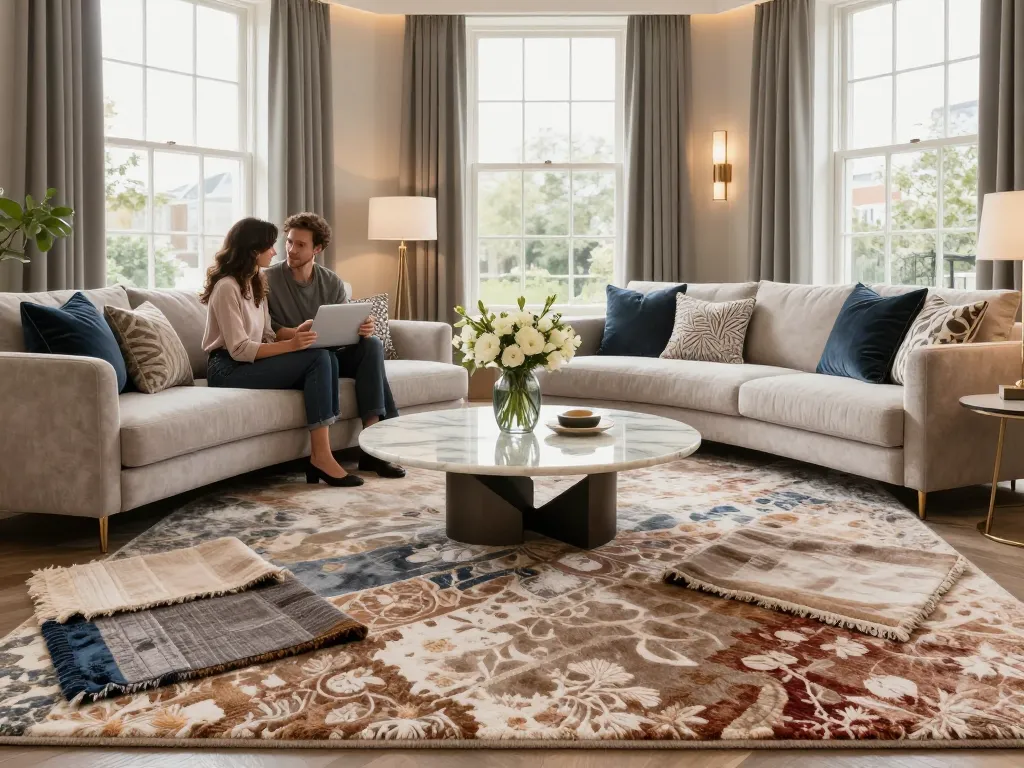Luxury carpets London being selected in a stylish living room, showcasing textures and elegant decor.