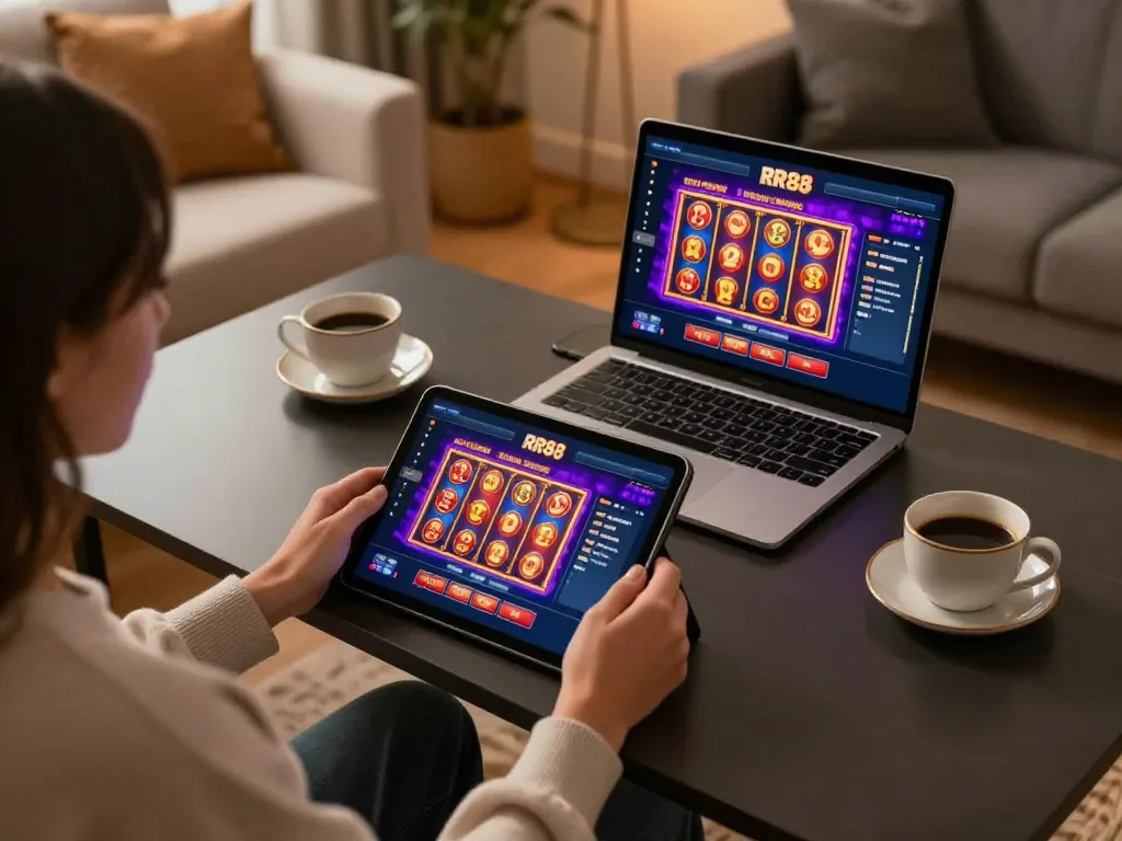 Engaging gameplay on the RR88 casino app at a cozy home setup with strategic gaming elements visible