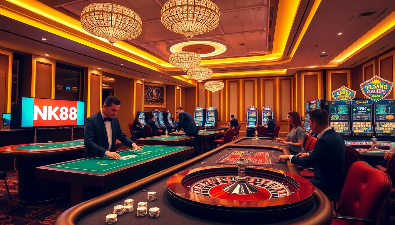 Engaging scene of players enjoying various games at NK88 casino with vibrant tables and professional croupiers.