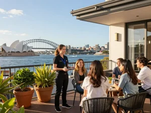 airbnb management sydney with property manager welcoming guests at stylish Airbnb overlooking Sydney Harbour