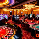 Experience thrilling gaming at GO88's vibrant casino scene, featuring roulette wheels and slot machines.